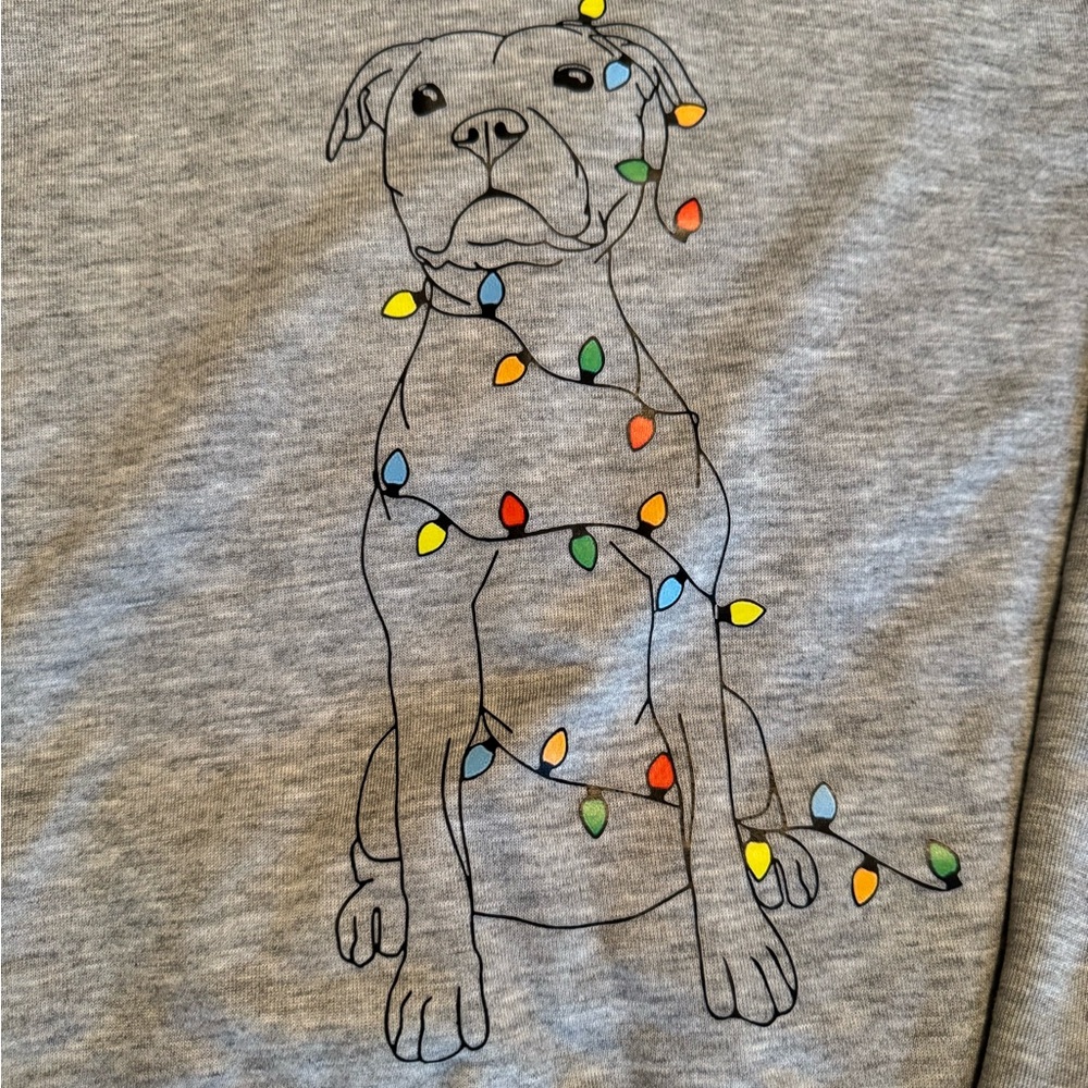 Gray Pit Bull Print Sweatshirt with Colorful Christmas Lights